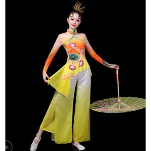 Women's chinese folk dance costumes blue yellow green gradient ancient traditional classical fan umbrella yanko dance costumes 